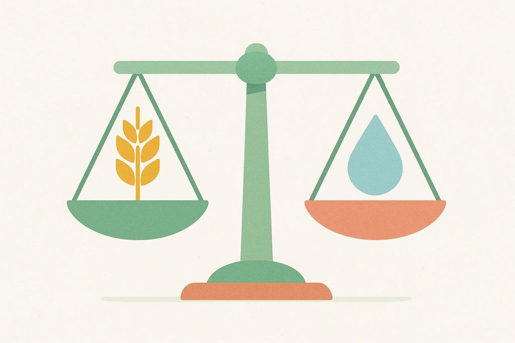 An abstract illustration of a balanced scale, with a stylized stalk of grain on the left and a blue water droplet on the right.