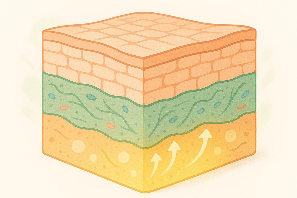 An illustration depicting the layers of skin, with arrows pointing upwards from the bottom layer, symbolizing nourishment from the inside out.
