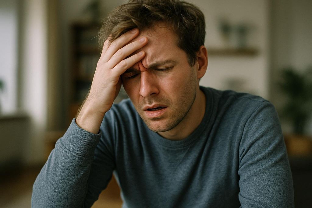 A man with light brown hair, wearing a grey long-sleeved shirt, holds his forehead with his left hand, his eyes closed and mouth slightly open, indicating headache, stress, or discomfort.