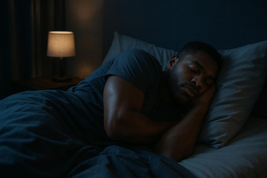 A man in a dark bedroom sleeps soundly on his side, his face resting on a pillow. A lamp on a bedside table emits a soft glow in the background.
