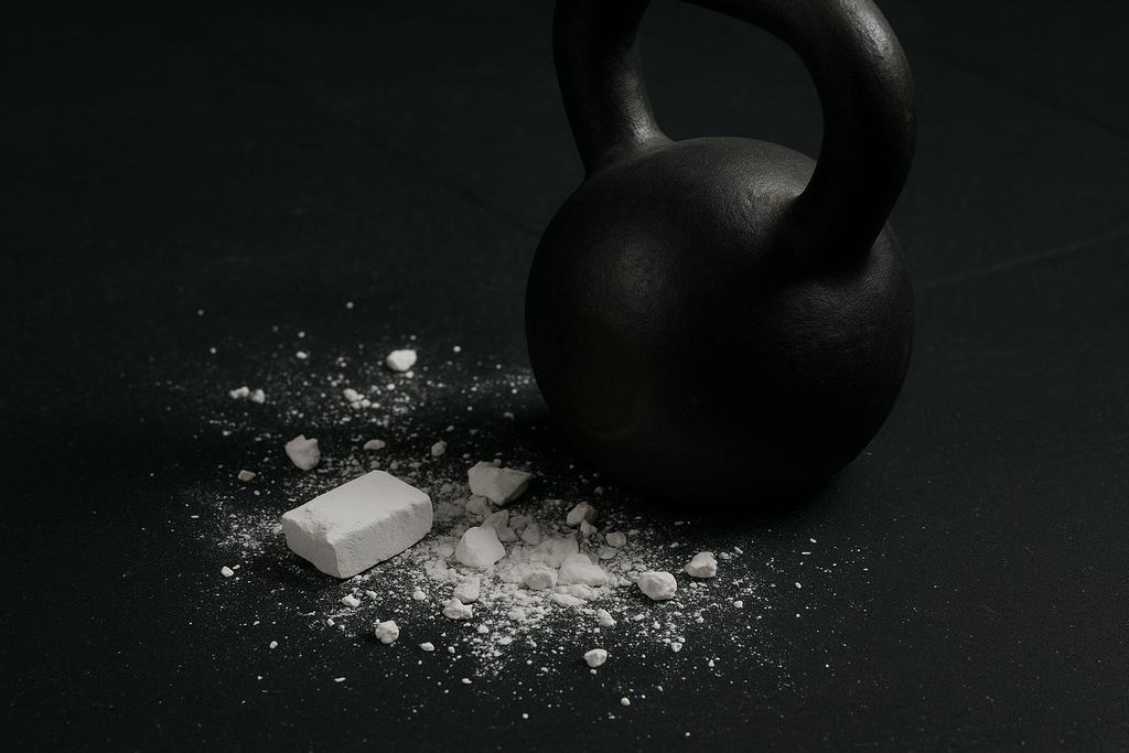 A black kettlebell sits on a dark rubber gym floor. To its left, a small block of white gym chalk is surrounded by scattered pieces and powder of chalk.