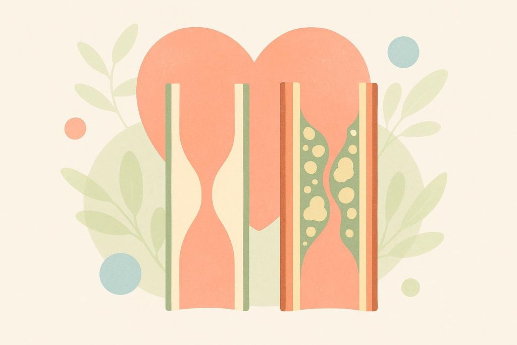 An abstract illustration depicting the effect of saturated fat on LDL cholesterol, showing a healthy open artery contrasted with a narrowed artery obstructed by plaque buildup.