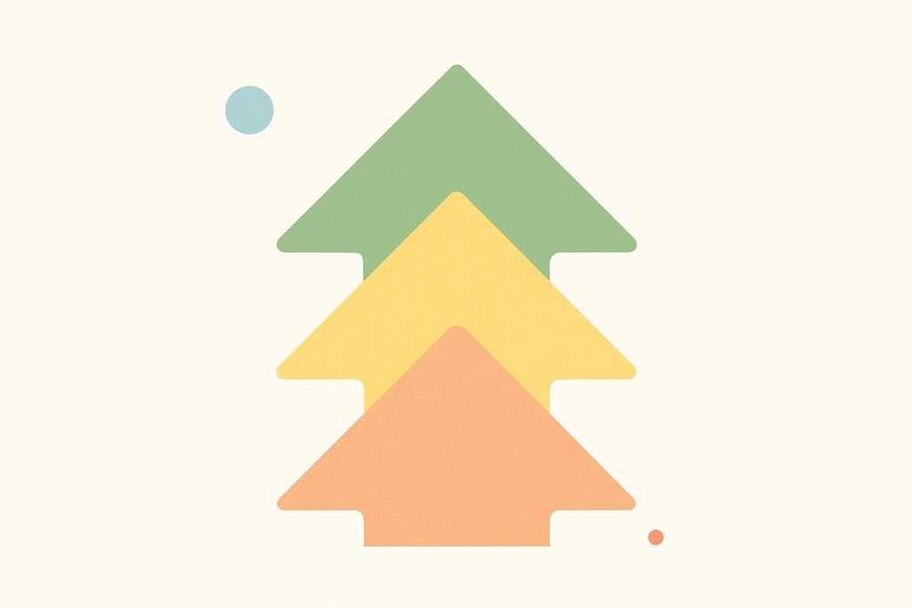 An abstract image showing three layered upward-pointing arrows in shades of orange, yellow, and green, suggesting progression or growth. There are also two small dots, one light blue in the upper left and one orange in the lower right.