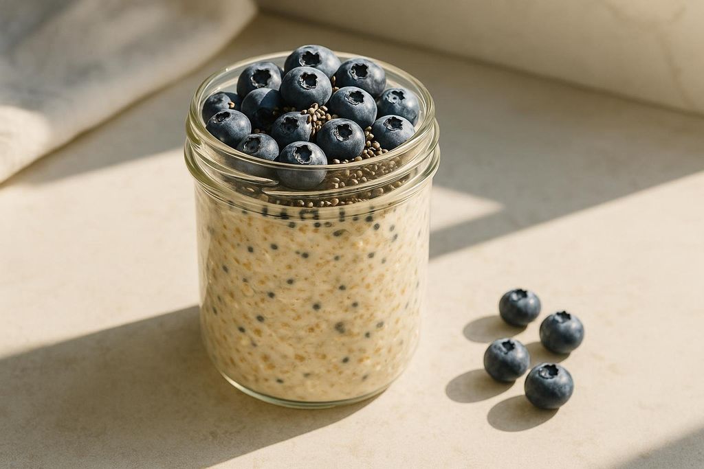 A jar of overnight oats topped with fresh blueberries and chia seeds, basking in the warm morning light. Several loose blueberries are scattered on the light-colored surface next to the jar.