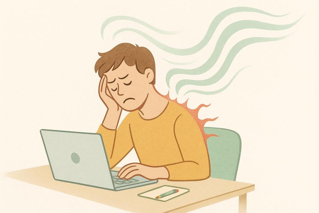 An abstract illustration shows a person at a desk with a laptop, looking tired and rubbing their head. Red radiating lines around their shoulders and green wisps rising above their head symbolize tension melting away.