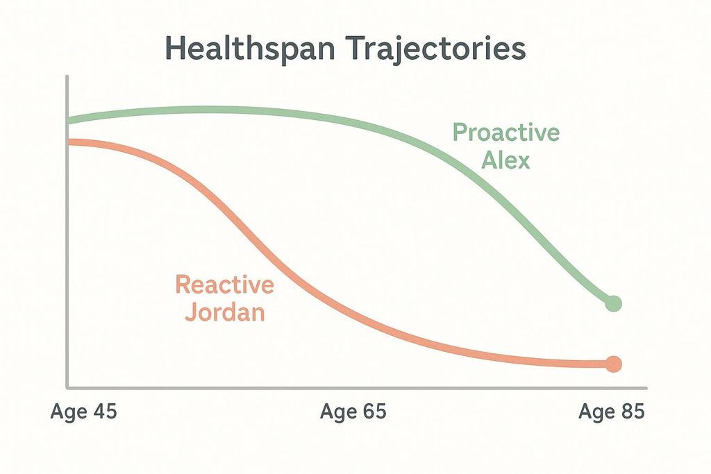 Line graph showing two healthspan trajectories over age: one proactive (maintaining quality of life longer) and one reactive (earlier decline).