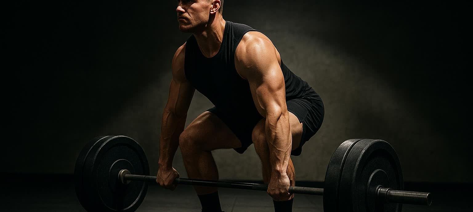 An athlete focusing before lifting a loaded barbell, demonstrating strength and concentration during a workout.