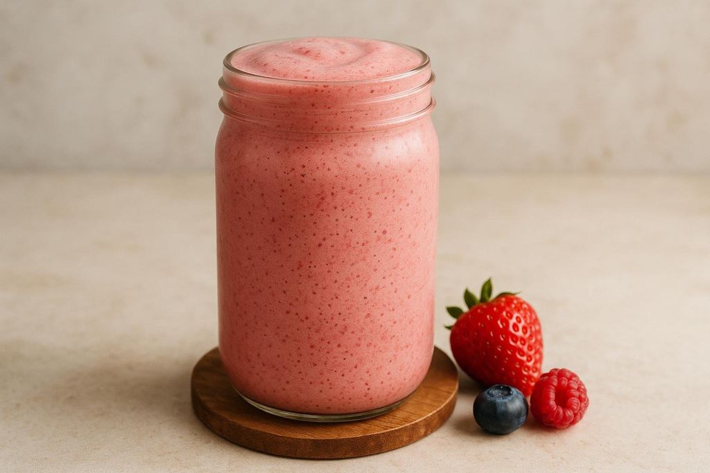 A thick, frothy pink smoothie in a glass jar, sitting on a wooden coaster. Next to it are a fresh strawberry, a blueberry, and a raspberry.