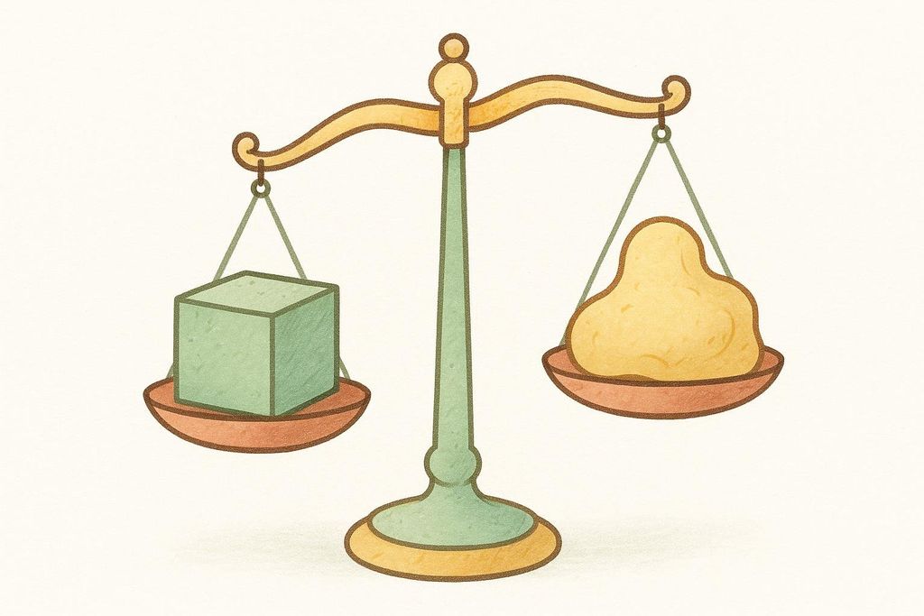 An illustration of a balance scale with a compact green cube (representing muscle) on the left and a larger, irregularly shaped yellow mass (representing fat) on the right. The scale is level, implying equal weight.