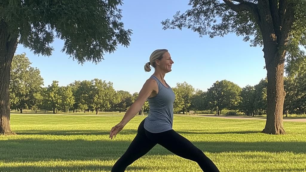 A woman in a blue tank top and black leggings does a yoga pose in a park with trees and grass.