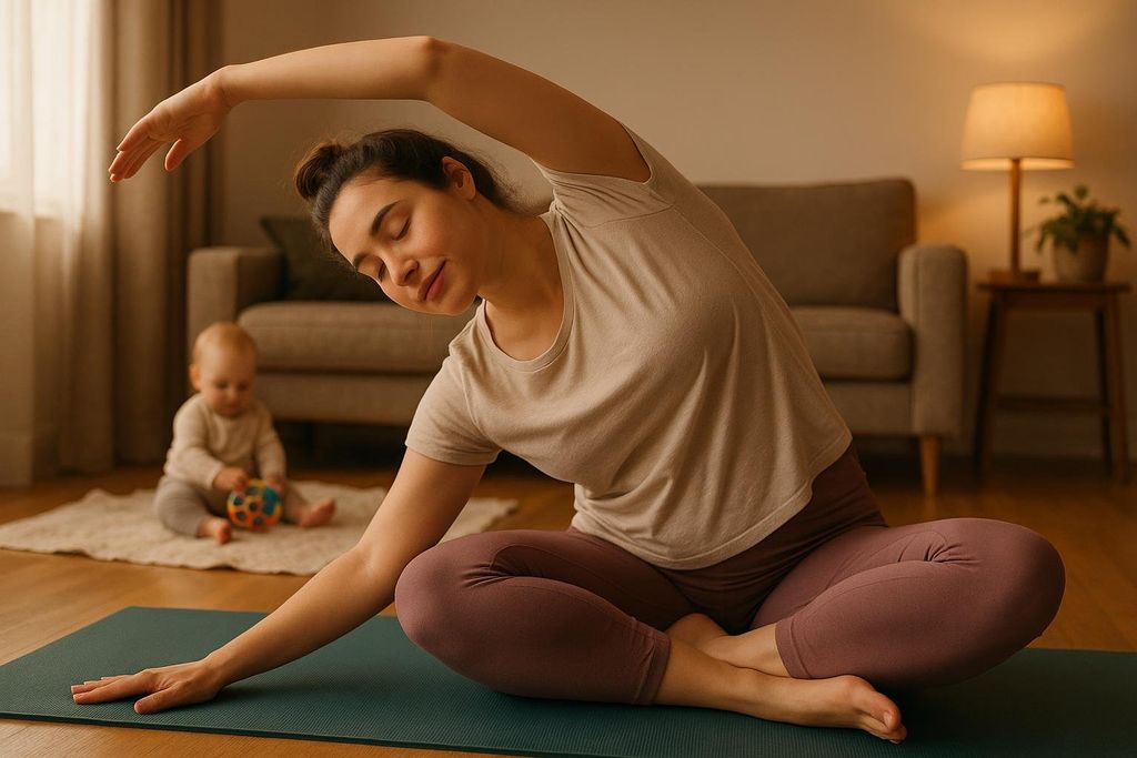 A new mother with her eyes closed, feeling relaxed, performs a gentle side stretch while sitting on a yoga mat in her living room. Her baby is playing with a colorful ball on a rug in the background.