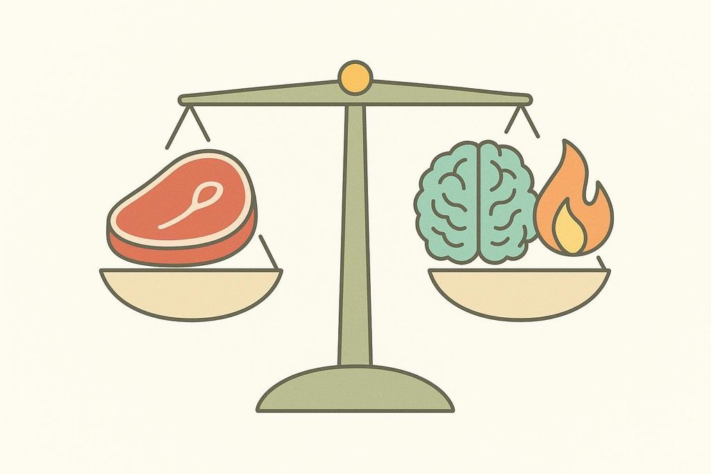 An illustration of a scale with a steak on one side representing protein and a brain and flame on the other side representing ketosis. The scale is balanced, suggesting a harmonious relationship or the need to balance these elements.
