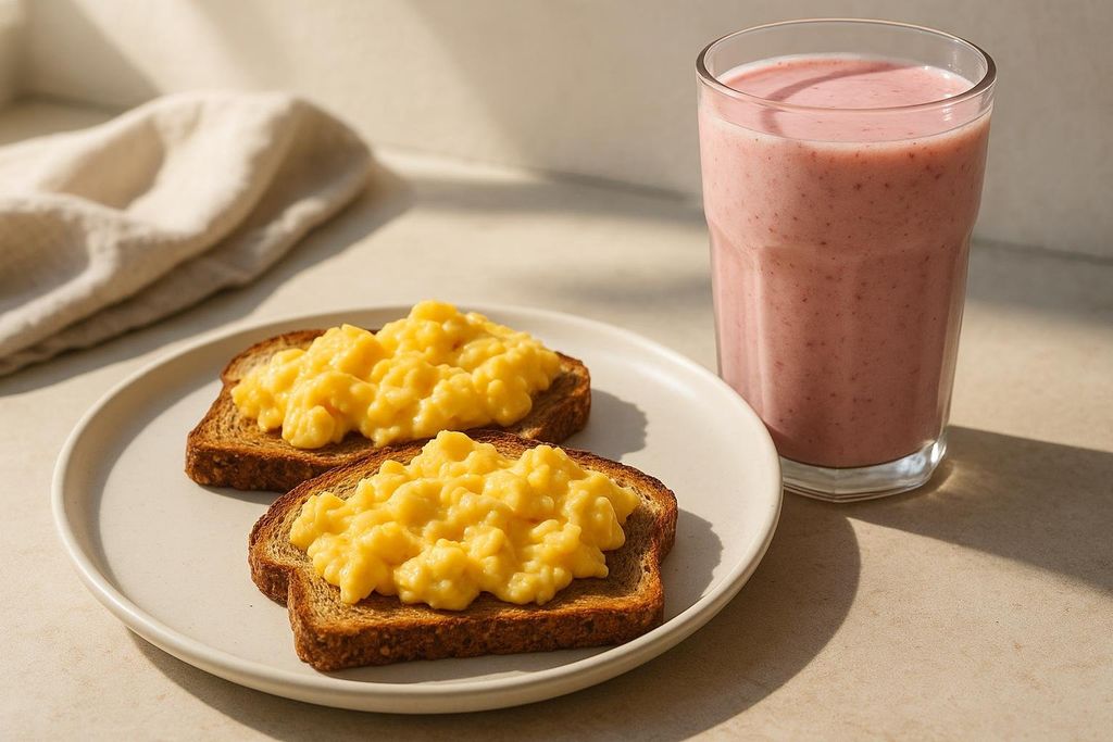 Two slices of whole-grain toast topped with fluffy scrambled eggs, served on a white plate next to a glass of pink fruit smoothie. Natural light casts shadows on the table.