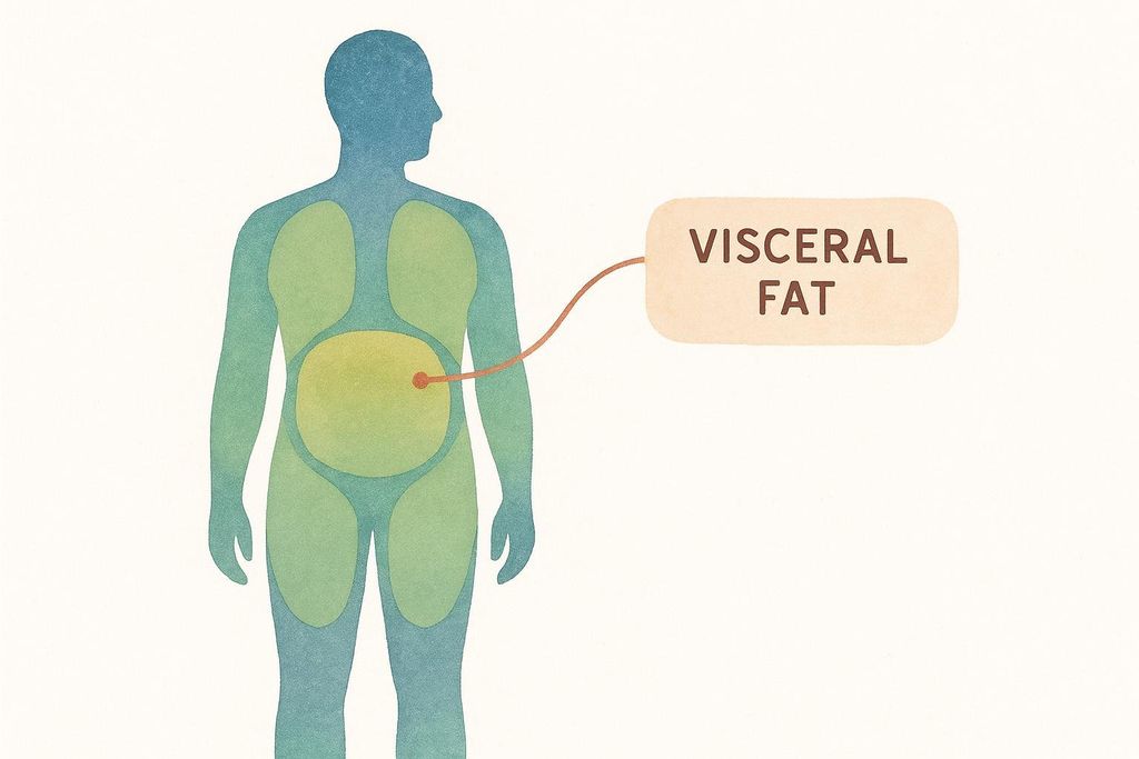 An illustration of a human torso showing where visceral fat is located within the body, highlighted in yellow, and labeled with a text box reading 'VISCERAL FAT'.