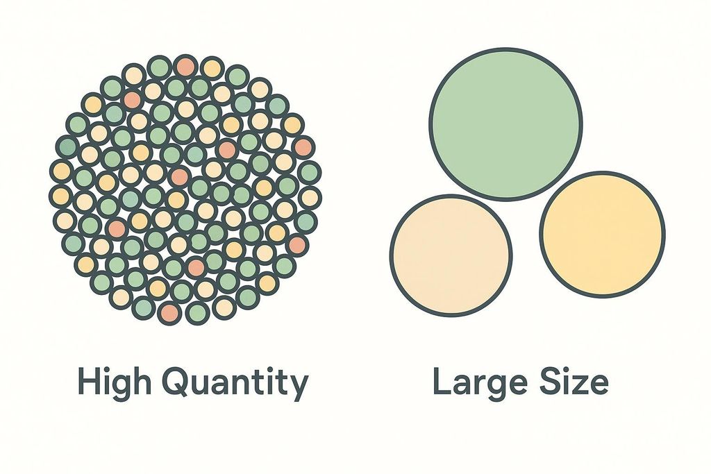 An illustration comparing a high quantity of small, multi-colored circles arranged in a large circle on the left with three large, solid-colored circles on the right, labeled 'High Quantity' and 'Large Size' respectively.