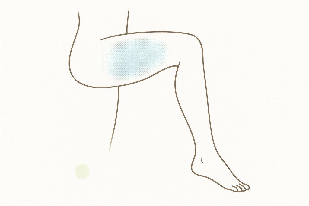 Illustration of a leg with the outer thigh highlighted in light blue dots, indicating the area of potential temporary numbness following an anterior hip replacement.