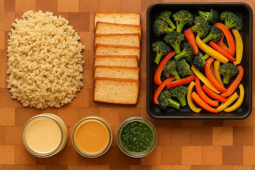 A flat-lay view of several vegan meal prep components on a wooden cutting board. From left to right at the top are a pile of cooked couscous, a stack of rectangular tofu slices, and a black baking pan filled with roasted broccoli florets and strips of red, orange, and yellow bell peppers. Below these, there are three small glass jars with different sauces: two light-colored creamy sauces and one green pesto-like sauce.