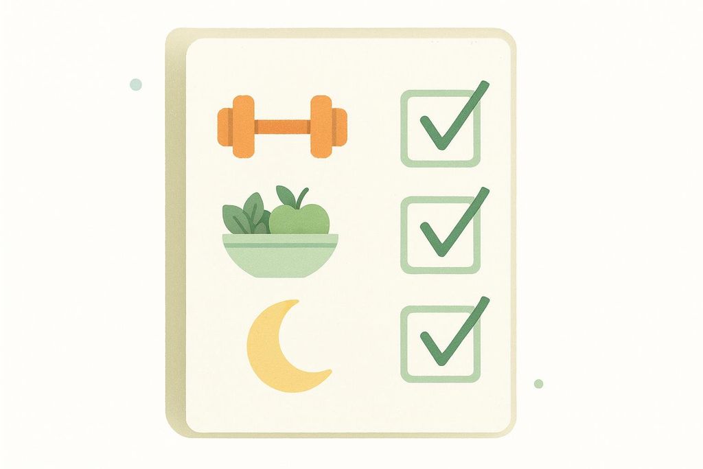 A checklist with icons for exercise (dumbbell), nutrition (bowl with apple and greens), and sleep (crescent moon) with a checkmark next to each, symbolizing a healthy lifestyle.