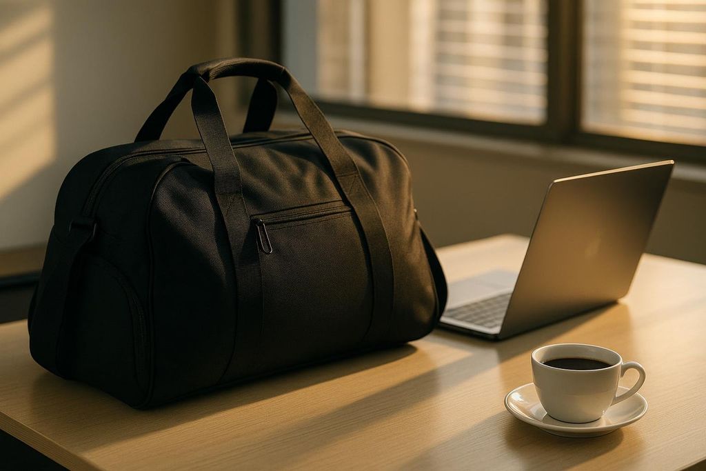 A black duffel bag rests on a light wooden desk, positioned next to an open laptop and a white cup of coffee with a saucer. Sunlight casts warm shadows across the desk from a window in the background.