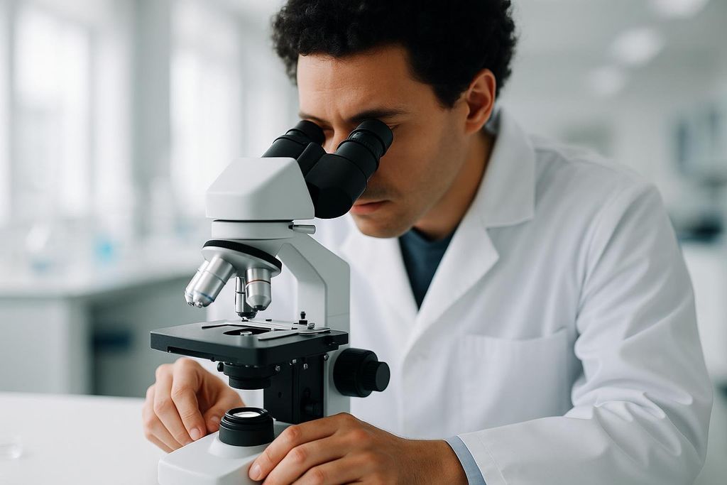 A male scientist with curly dark hair wearing a white lab coat looks intently through a microscope in a brightly lit laboratory setting.