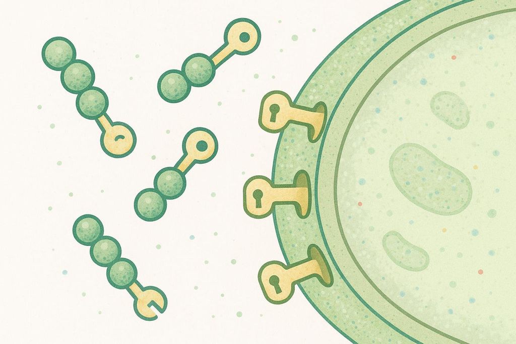 An illustration depicting key-shaped peptides approaching a cell with lock-shaped receptors embedded in its membrane, symbolizing how specific molecules interact with cells for targeted action.