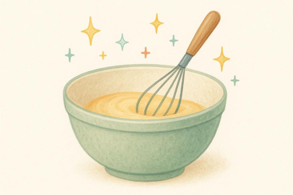 An illustration featuring a light green mixing bowl filled with a yellow batter, with a whisk submerged in it. Sparkling star and plus shapes in yellow and light blue float around the bowl, suggesting magic or delight in cooking.