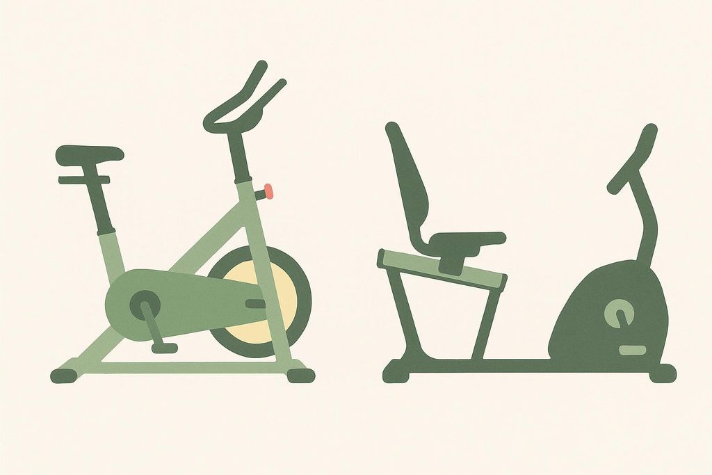 Side-by-side illustration comparing the profiles of an upright stationary bike, with a high seat and handlebars, and a recumbent stationary bike, with a low, reclined seat and pedals in front. Both are depicted in shades of green on a light background.