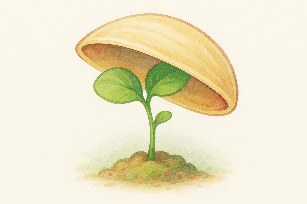 A watercolor illustration of a small green plant sprout growing out of a mound of soil, with one half of a light brown pistachio shell covering it like an umbrella. The background is a soft, light cream color.