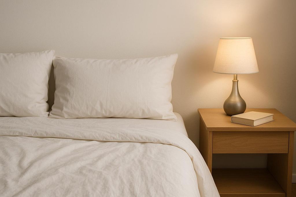 A cozy bedroom with a neatly made bed featuring white bedding and two pillows. A warm lamp sits on a wooden nightstand with a book beside it.