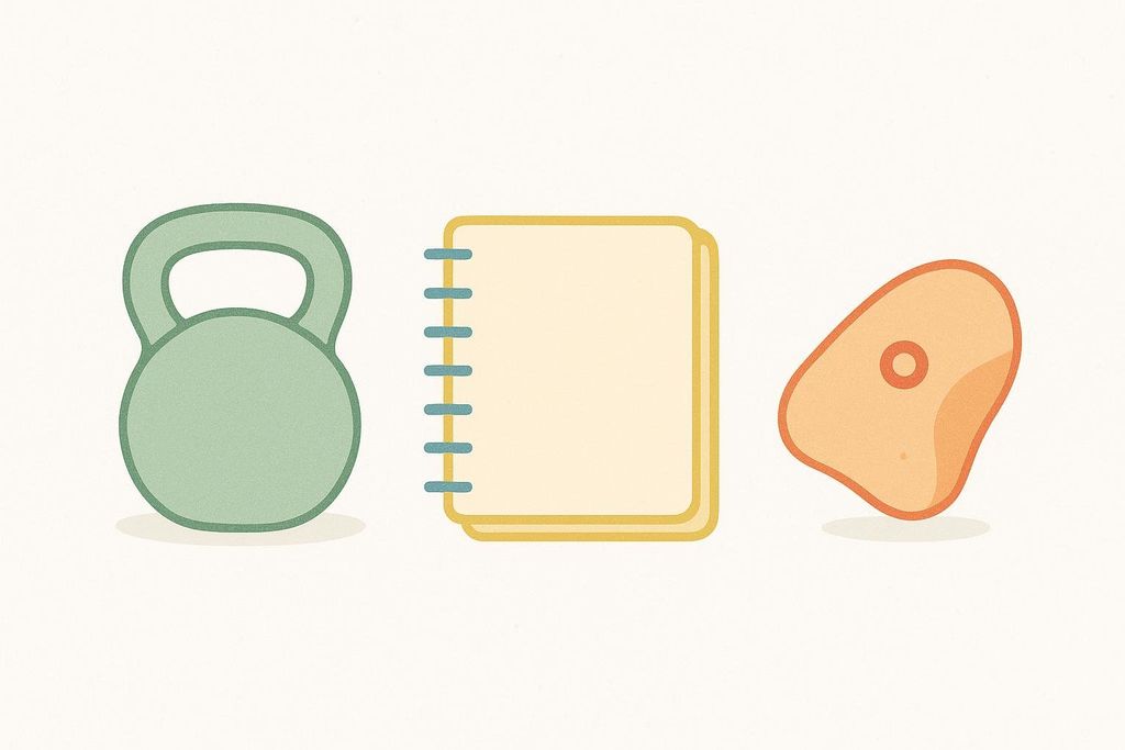 Icons of a kettlebell, notebook, and climbing hold representing a training plan