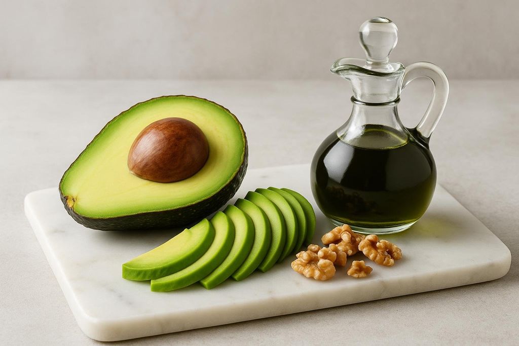 An avocado cut in half, sliced avocado, walnuts, and a carafe of olive oil are arranged on a white marble cutting board. These are all examples of healthy fat sources.