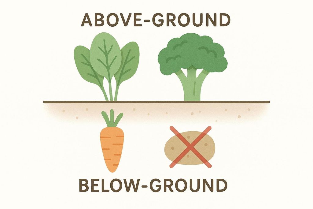 A diagram illustrating which vegetables are generally considered keto-friendly. Above-ground vegetables like spinach and broccoli are shown, while below-ground vegetables like carrots and potatoes (with a cross through it) are also depicted, suggesting they are less keto-friendly.