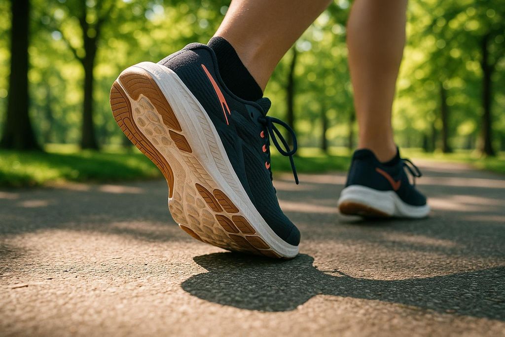 Close-up of a runner's foot in a black and orange running shoe with a white and brown sole, mid-stride on an asphalt path. The runner's other leg and shoe are visible in the blurred background, with lush green trees lining the path under dappled sunlight.