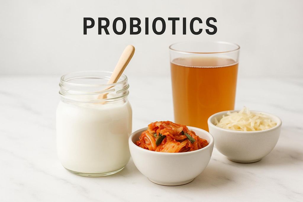 An arrangement of probiotic-rich foods, including a jar of yogurt with a wooden spoon, a small bowl of kimchi, a glass of kombucha, and a small bowl of sauerkraut, all on a white marble surface, with the word 'PROBIOTICS' written at the top.