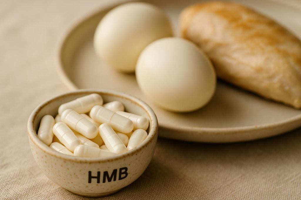 A small bowl filled with white HMB capsules, positioned in the foreground with boiled eggs and a chicken breast on a plate blurring in the background.