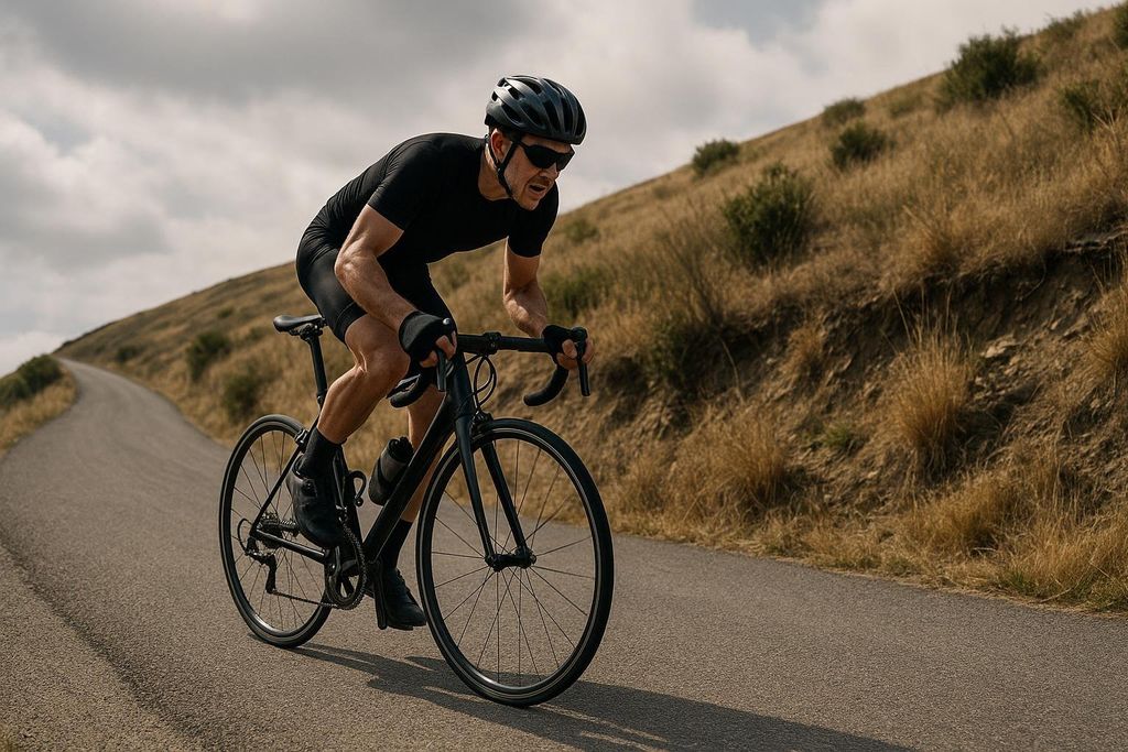 A male cyclist in black attire and helmet gritting his teeth as he pedals intensely up a steep, winding road with dry, grassy hillsides under a cloudy sky.