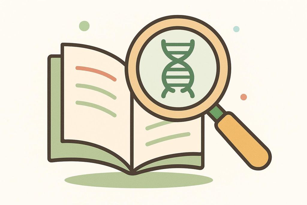 An illustration showing a magnifying glass held over an open book. Inside the magnifying glass, a green DNA double helix is visible. The book has light green pages with red and green lines, and the background is a light cream color with a few scattered dots.