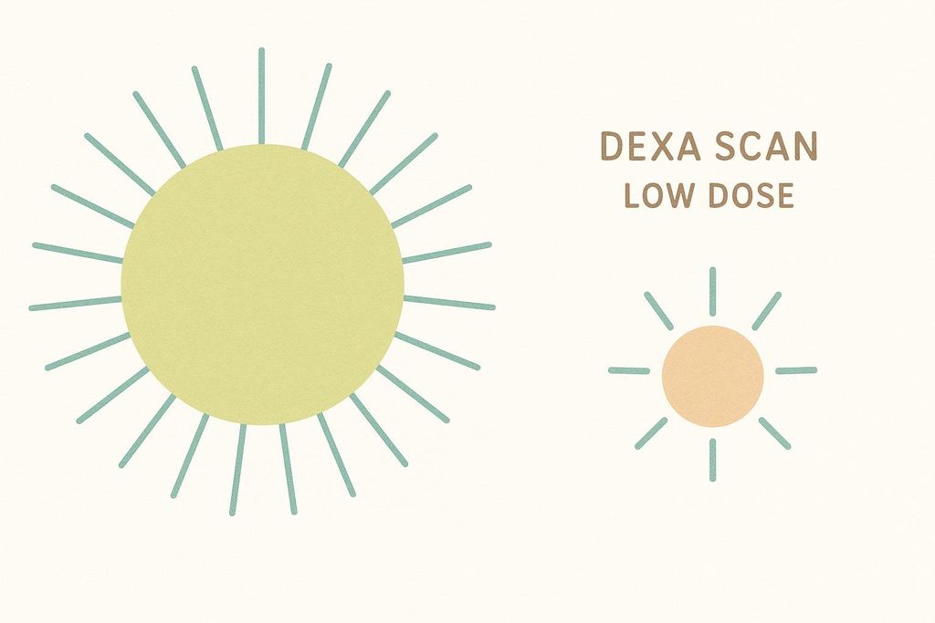 An infographic comparing the high radiation of a standard X-ray (represented by a large sun-like circle with many rays) to the very low radiation of a DEXA scan (represented by a smaller circle with fewer, shorter rays).