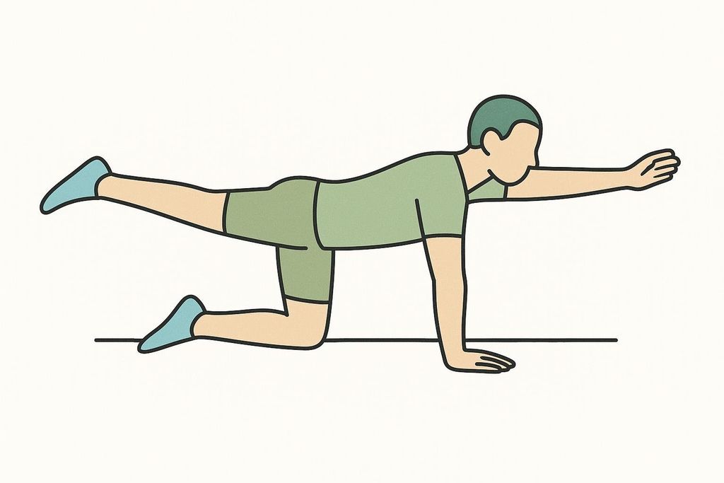 Simple illustration of the bird-dog core exercise with a person on all fours extending their right arm and left leg.