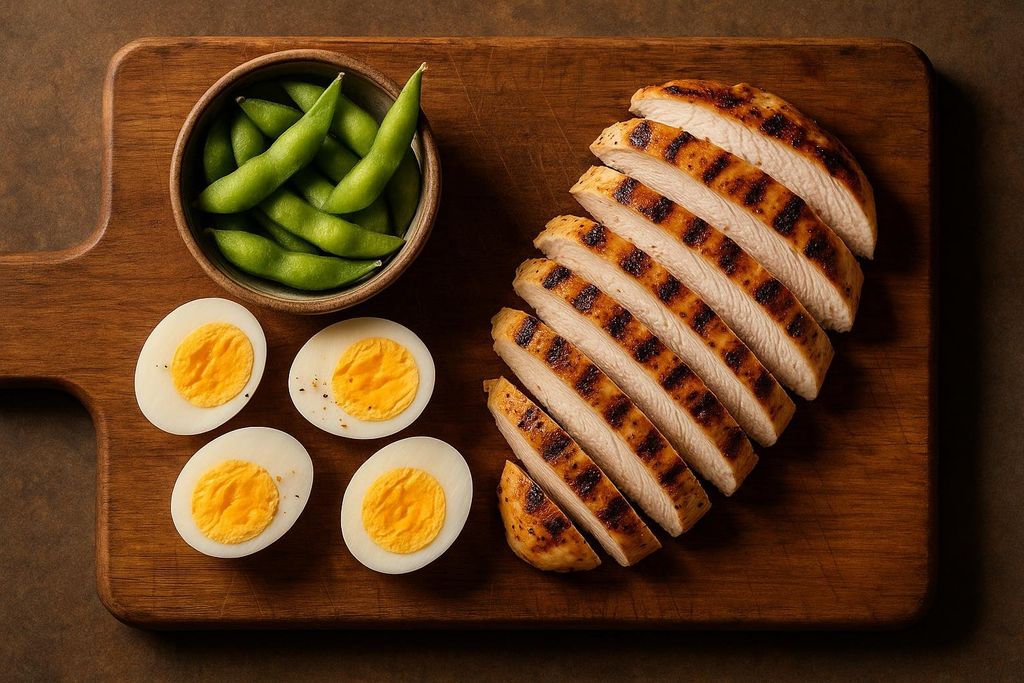 A beautiful arrangement of high leucine foods like chicken and eggs روی a cutting board