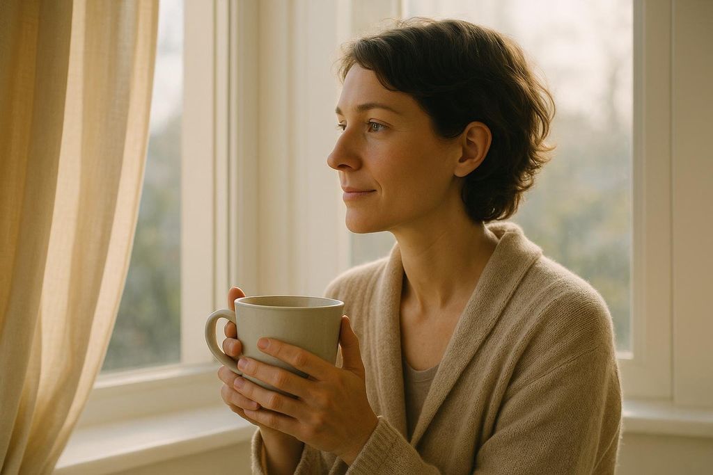 A woman with short brown hair, wearing a beige robe, holds a warm mug with both hands and gazes thoughtfully out of a window. Light beige curtains are to her left.