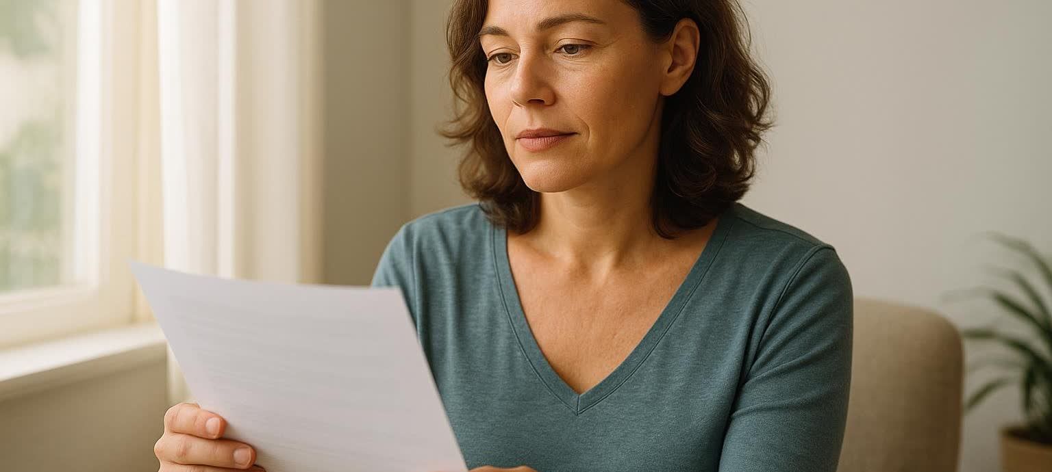 A woman sits in a bright room, thoughtfully looking over a health report, representing patient empowerment.
