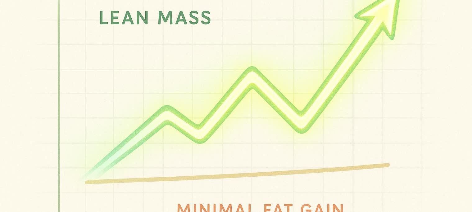 A green line graph illustrating significant lean mass growth peaking at the top right, and a lower orange line indicates minimal fat gain, both against a light grid background.