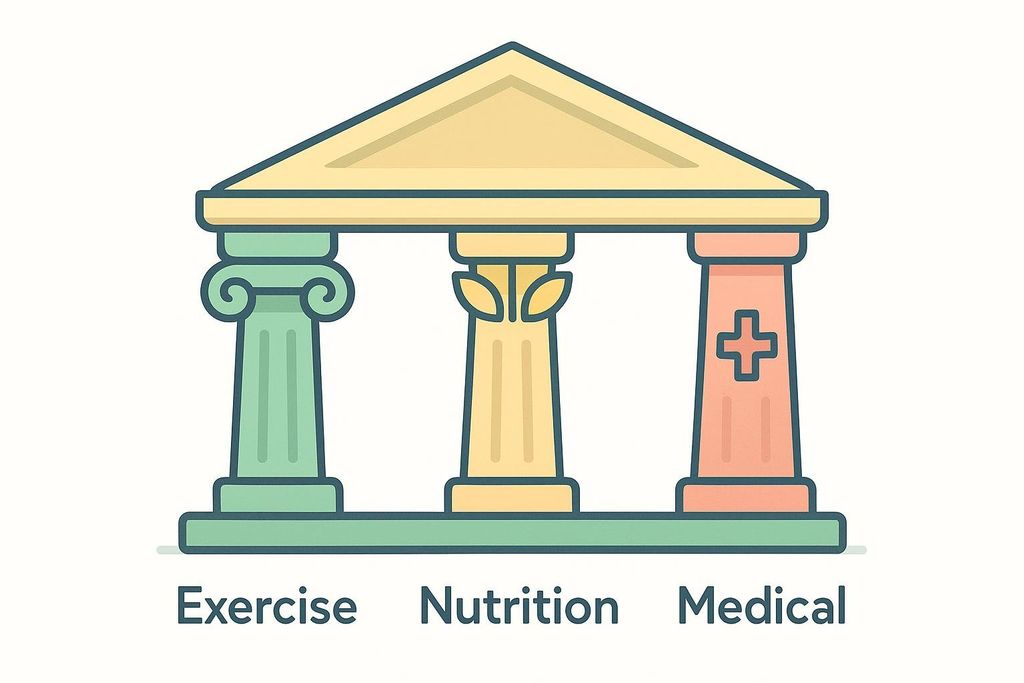 An illustration showing three pillars supporting a roof, symbolizing the foundation of bone health. The green pillar on the left, labeled 'Exercise', has a scroll-like capital. The yellow middle pillar, labeled 'Nutrition', has a leaf design. The coral pillar on the right, labeled 'Medical', has a cross symbol.