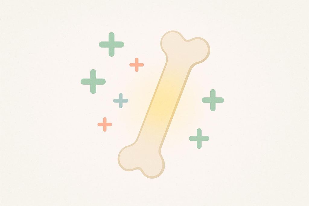 A stylized white icon of a bone with a golden glow, surrounded by green, light blue, and pink plus signs, representing strengthened bones and enhanced calcium absorption.