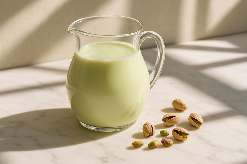 A clear glass pitcher filled with light green pistachio milk sits on a light marble surface. Several whole and shelled pistachios are scattered beside the pitcher, with sunlight casting shadows across the scene.
