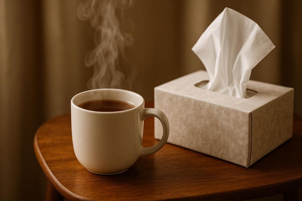 Hot tea and tissues on a side table.