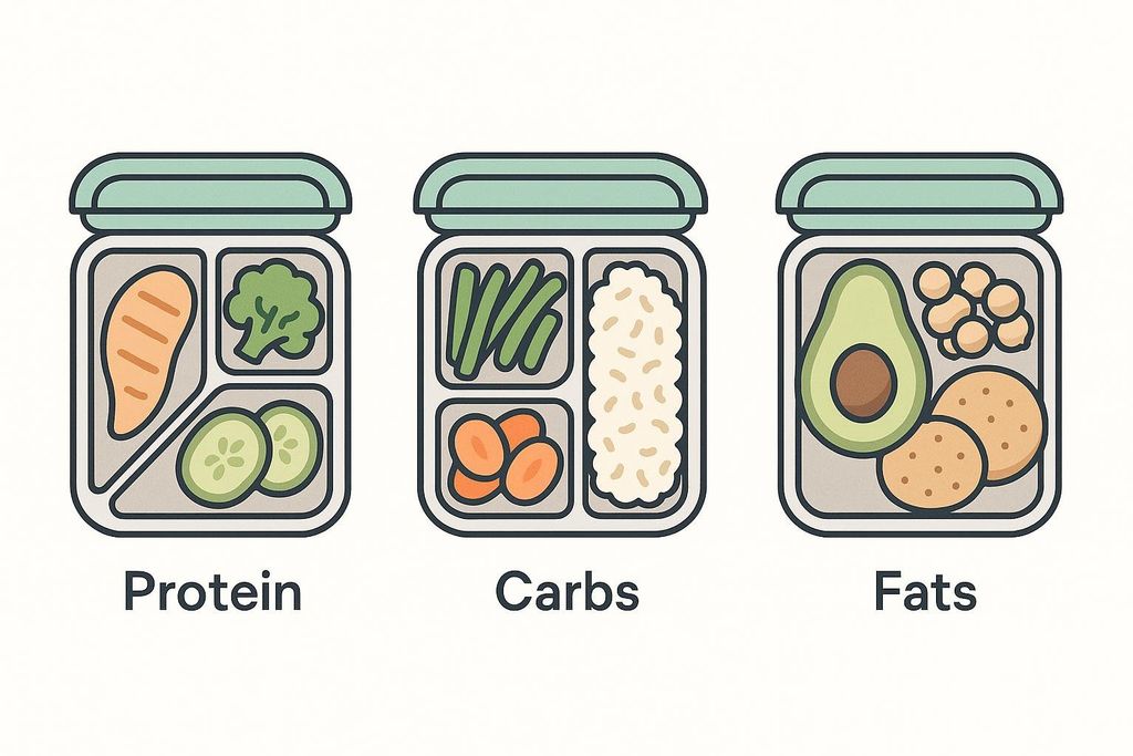 Illustration showing three meal prep containers. The first, labeled 'Protein', contains chicken or fish, broccoli, and cucumber. The second, labeled 'Carbs', contains green beans, rice pilaf, and carrots. The third, labeled 'Fats', contains avocado, chickpeas, and crackers. Each container represents a different macronutrient category.