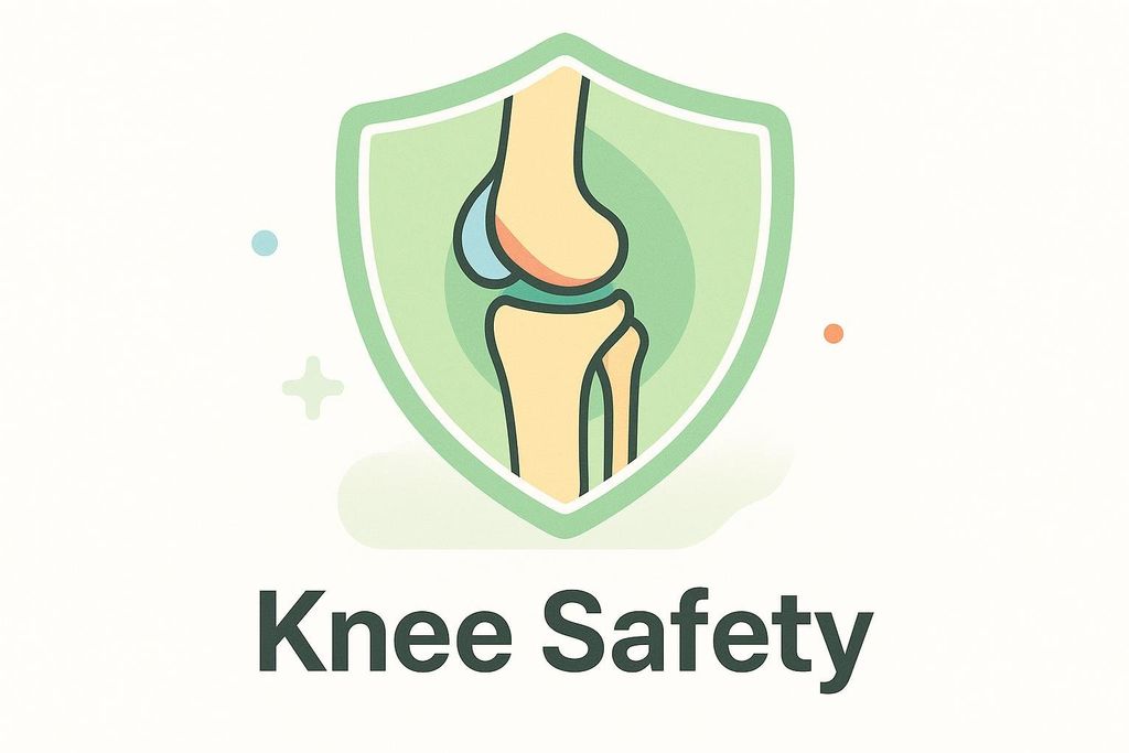 An illustration depicting a knee joint inside a green shield, symbolizing protection and safety. Below the shield, the words 'Knee Safety' are written.