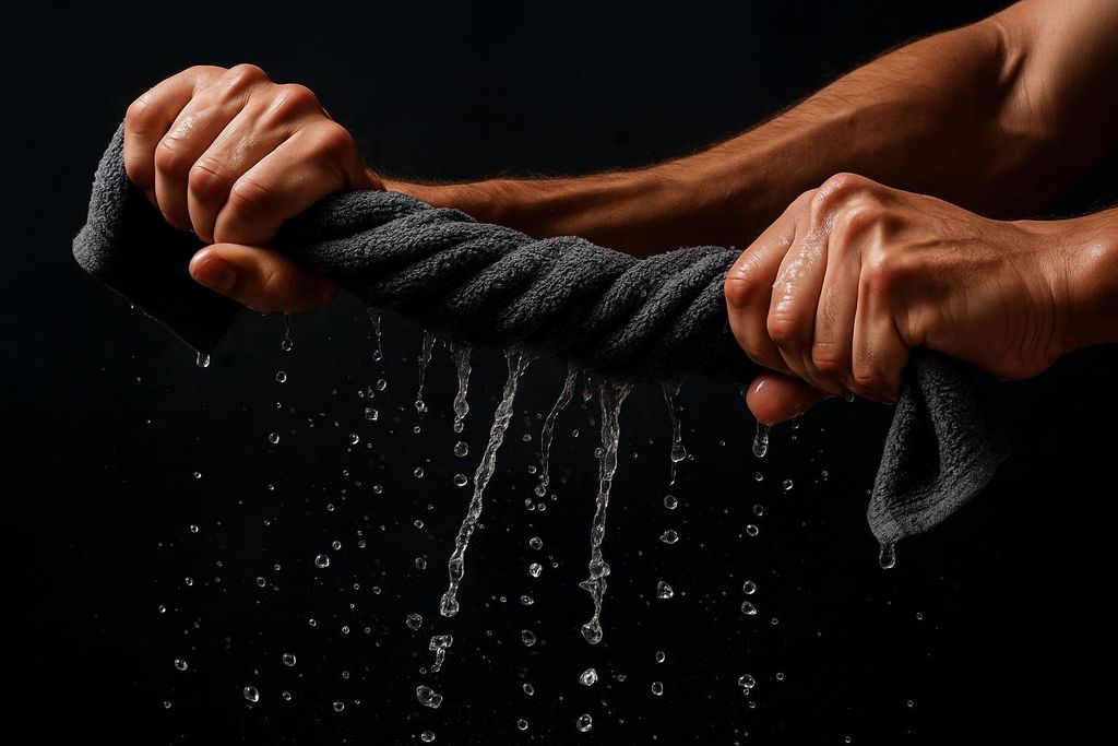 Two hands gripping and twisting a dark grey towel, wringing out water. Streams and individual droplets of water splash downwards against a dark background, indicating the towel is soaked and being squeezed forcefully.